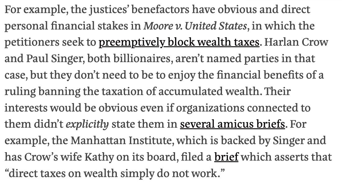 @TakeBacktheCt @itstruenorth You don't need to be a genius to realize that billionaires have a stake in a wealth tax case. But the Manhattan Institute—connected to billionaire court-whisperers Harlan Crow and Paul Singer (among others)—decided to lobby the court to preemptively kill wealth taxes anyway.