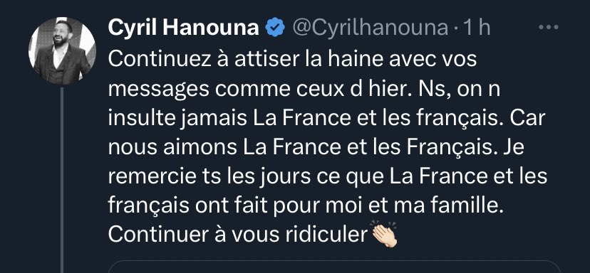 « Nous on insulte jamais la France et les français »
Also sur le plateau d’Hanouna à Boyard : « espèce d’abruti t’es une merde »
A Jean Michel Apathie : « il me lustrait les glaouis »
A Anne Hidalgo : « Qu’elle ferme sa gueule »
A une mineure : «on a le droit d’être des te-pu»