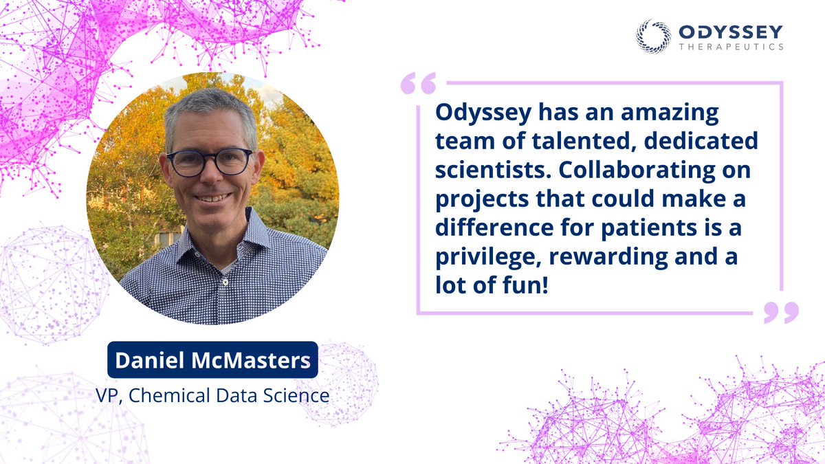 Meet #EmployeeSpotlight Daniel McMasters, VP, Chemical Data Science. Daniel joined #TeamOdyssey 2yrs ago, attracted by our seasoned leadership team & commitment to leveraging computation in our projects. Outside of work, he enjoys outdoor activities like hiking, skiing, & biking.