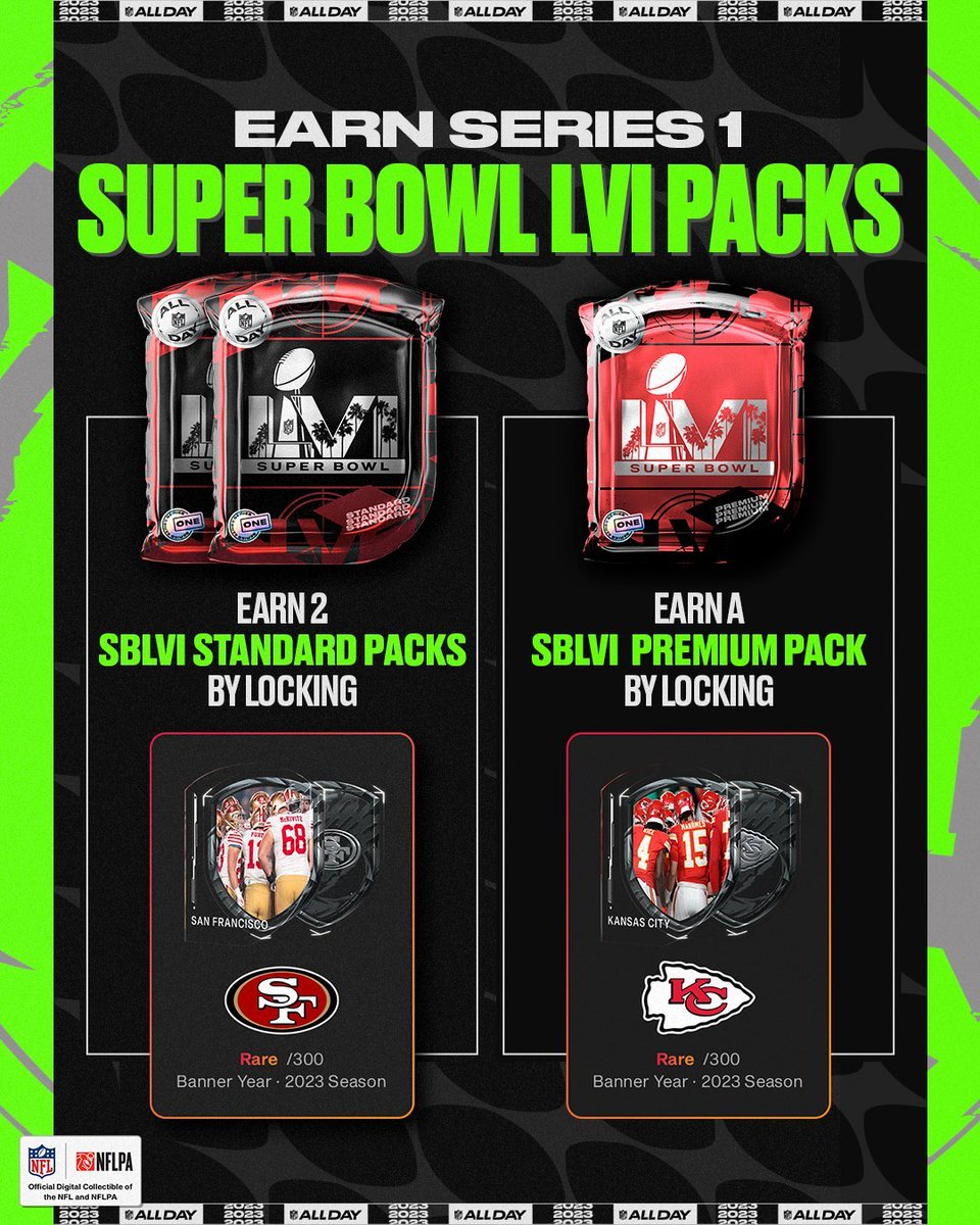 ⏰ YOUR SHOT TO EARN SERIES 1 PACKS ENDS AT 1 PM ET 🏹Chiefs ⛏️49ers 🥳 Earn Series 1 Super Bowl LVI pack(s) for each different edition you lock! Ends today at 1 PM ET! ➡️ Lock your Banner Year Moment here: allday.football/BannerYear1