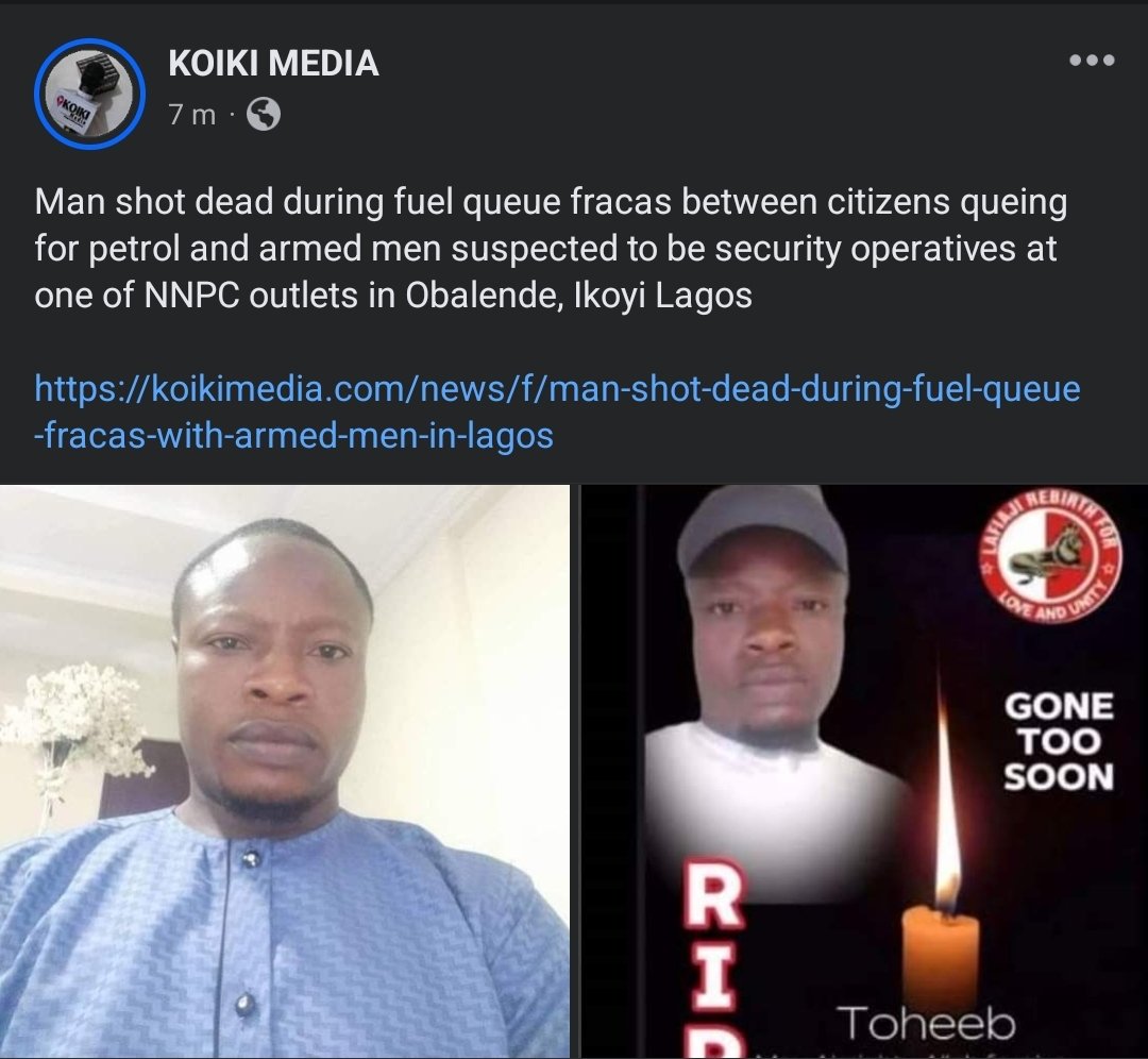 Whoever shot this young man dead because of fuel que fracas caused by the negligence of this country's leaders - will never have peace in his family!

I'm pained to see this in a country that has a total of 159 oil fields and 1481 wells in operation!
#JusticeForToheeb #EndNigeria