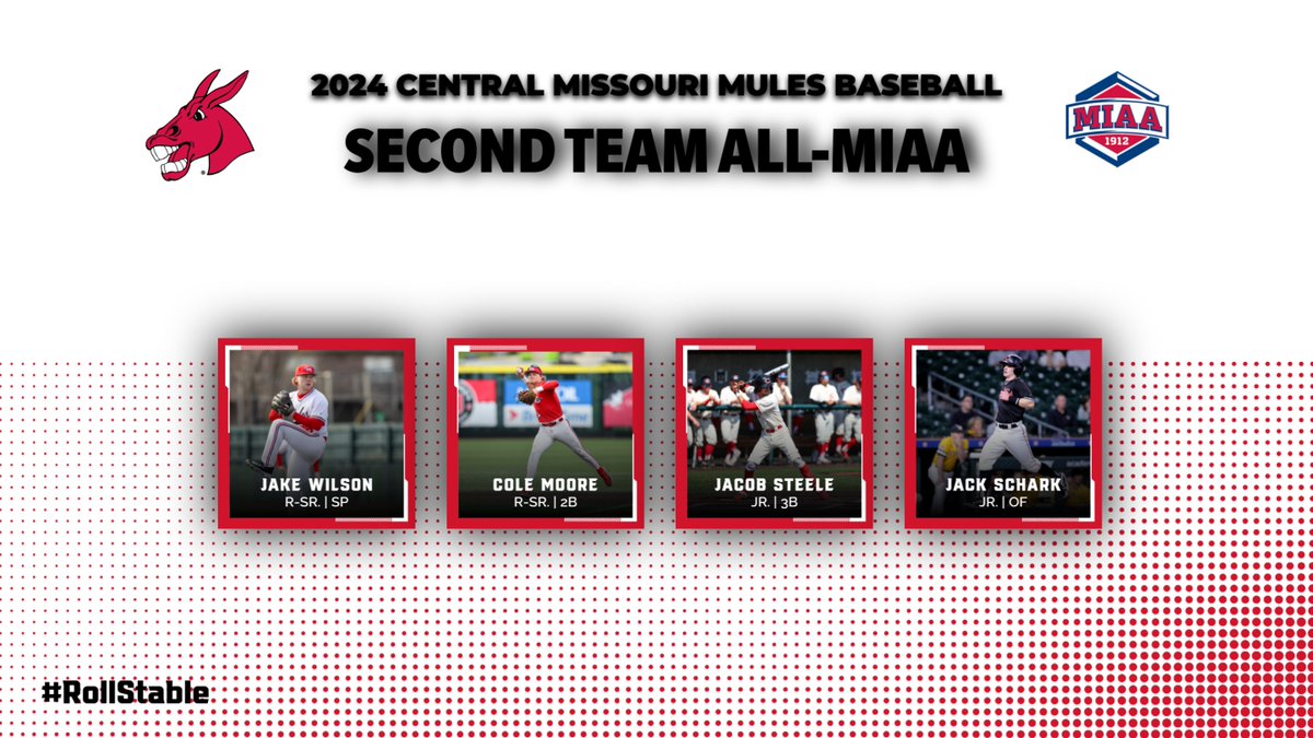 Congratulations to our 4⃣ All-@TheMIAA Second Team honorees: Jake Wilson (SP), Cole Moore (2B), Jacob Steele (3B) and Jack Schark (OF) #teamUCM x #RollStable