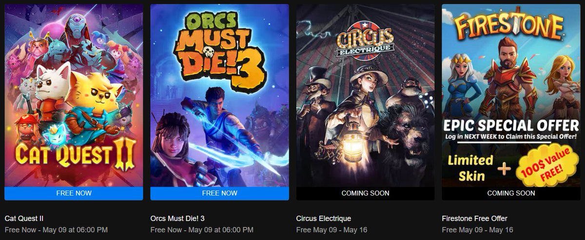 🆓 Cat Quest II ve Orcs Must Die! 3, Epic Games Store’da ücretsiz oldu.

📌 Haftaya ise Circus Electrique ve Firestone Free Offer ücretsiz olacak.