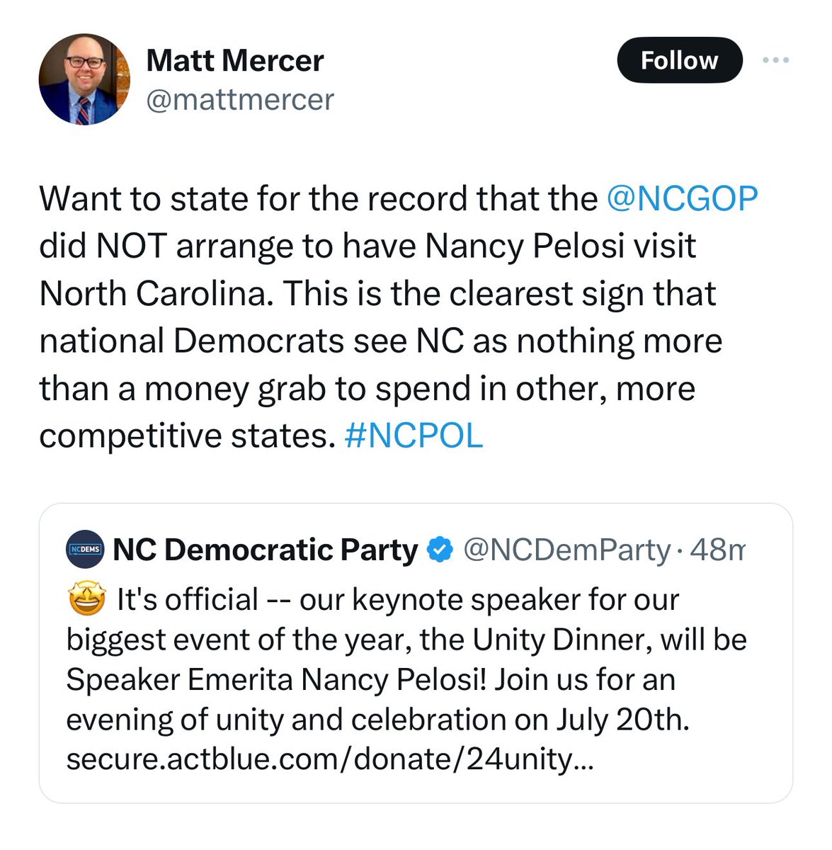 nancy pelosi: *comes to north carolina to raise money FOR north carolina dems* joe biden & national dem orgs: *plan to spend tens of millions of dollars in north carolina this cycle* ncgop: this is proof that national dems are taking nc’s money and don’t believe nc is winnable