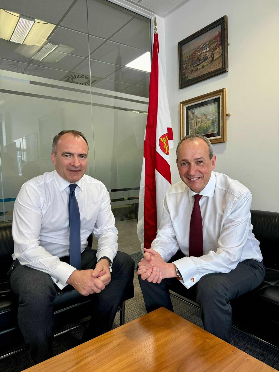 Chief Minister @alfredcannan is in Jersey exploring issues of mutual interest across the Crown Dependencies with Jersey Chief Minister @lyndonfarnham. Productive meetings covered MONEYVAL assessments and FinTech regulations, plus housing infrastructure and external relations.