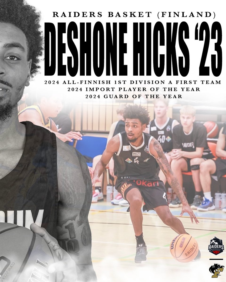 We would like to congratulate former Ferrum Panther Deshone Hicks on his recent accolades playing professionally in Finland for Raiders Basket!
 Deshone was named to the Eurobasket.com All-Finnish 1st Division A First Team in 2024 and received Guard Of The Year award!