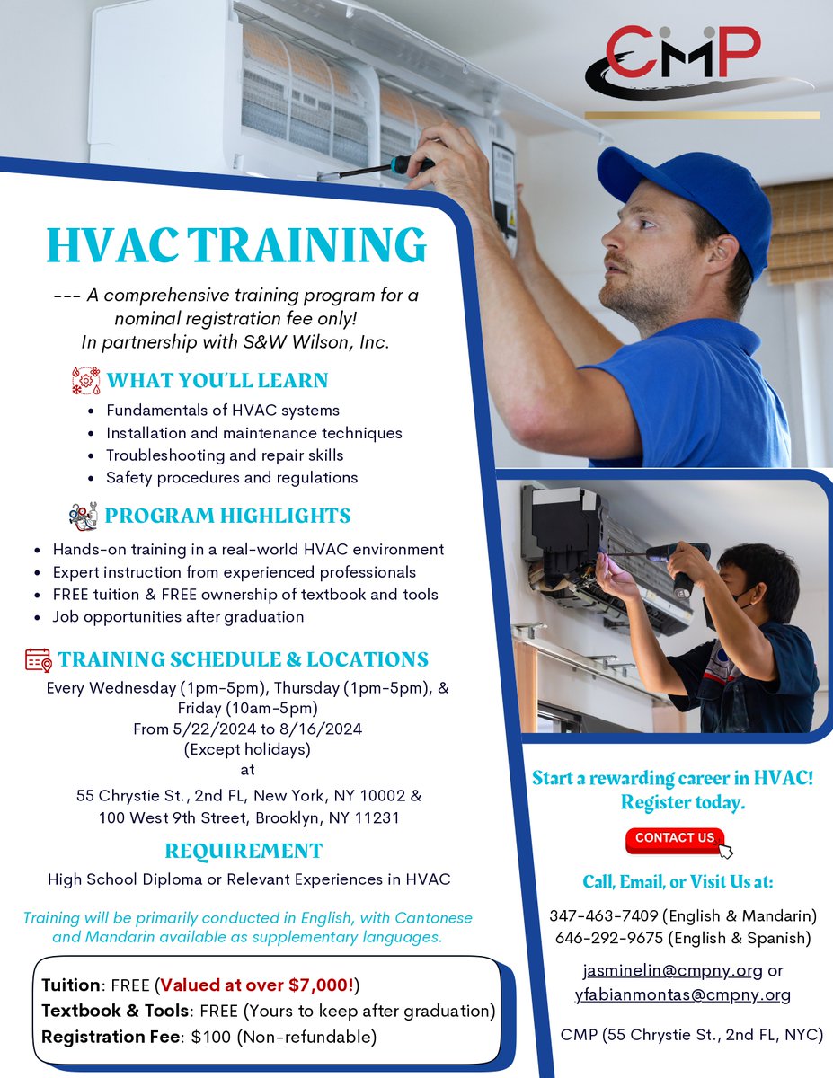 🚀 Elevate your #hvac career with CMP’s comprehensive training program! Program Highlights: Hands-on training in a real-world environment Experienced professionals 🆓 tuition (valued at over $7,000!) & 🆓ownership of textbooks & tools Job opportunities after graduation