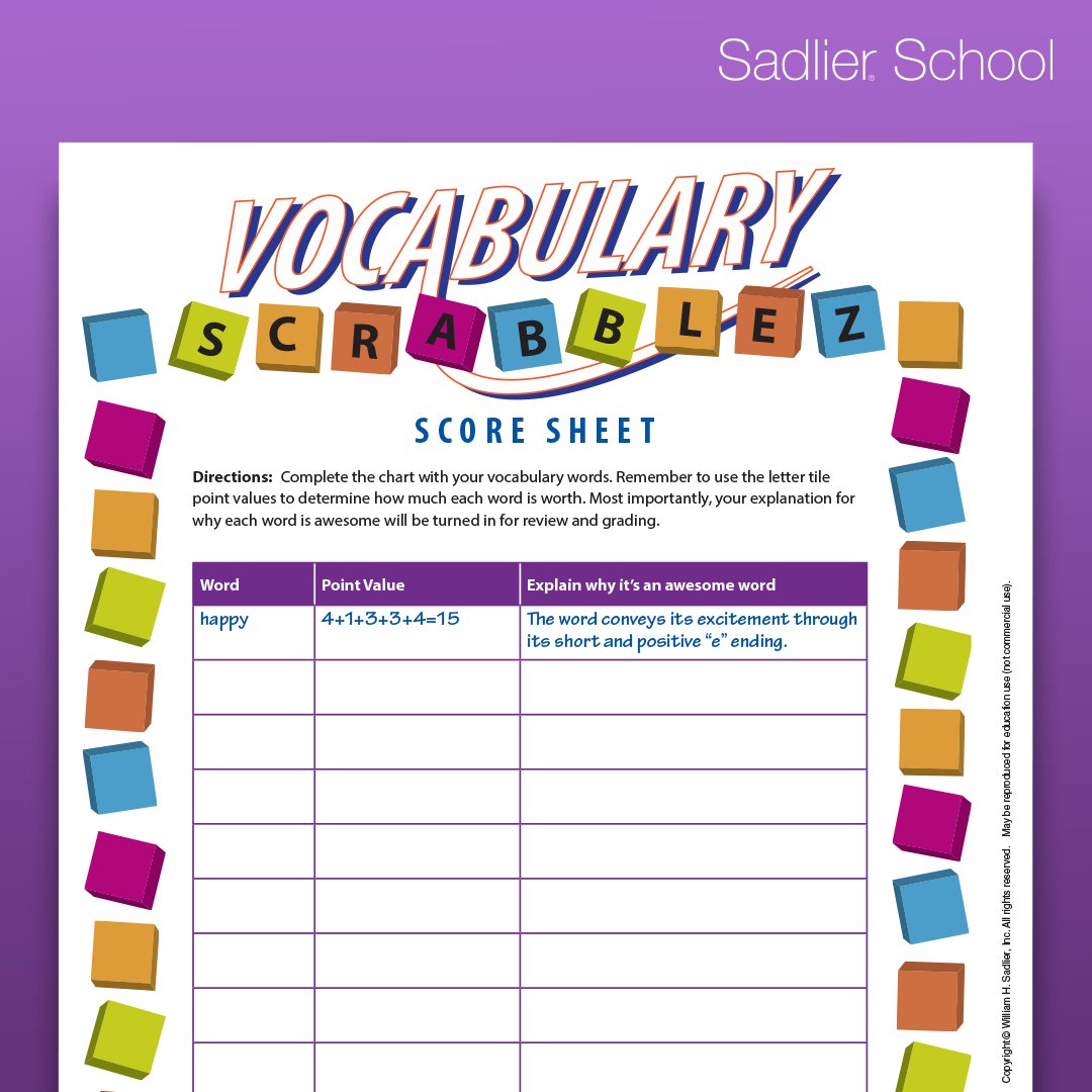 Vocabulary Scrabblez helps students in grades 4 through 12 to internalize vocabulary words in a unique and thoughtful way as they earn points for using words in this variation of a popular board game. hubs.ly/Q02vPw6F0 #Edchat #Engchat #Education #TeachChat #SadlierSchool