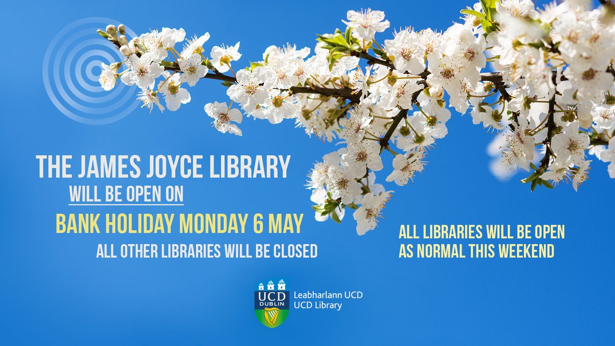 The James Joyce Library at @ucddublin will be open on Monday, the 6th of May. All other libraries will be closed. For the full schedule of @ucdlibrary opening hours, see: ucd.ie/library/use/op…