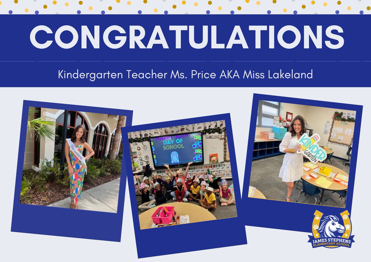 JSEMustangs's tweet image. HUGE shout out to our very own Mustang, Ms. Price! Not only did she bring home Miss Lakeland this year, BUT she also was chosen as a recipient of the &quot;John I. and Madeleine R. Taeni Scholarship&quot;! Congratulations, Ms. Price. We are so proud of you!  💛🐴💙
#jsemustangs