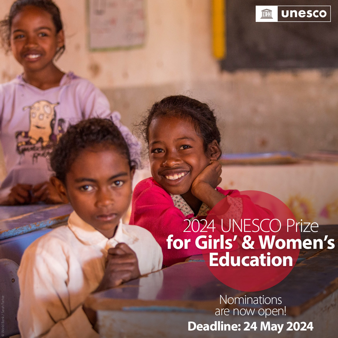 📢📢UNESCO Prize for Girls’ and Women’s Education 2024 is open for nominations! Check out the Prize’s website to learn about the nominations process. You could win USD 50,000 to further your work! Deadline is 24 May 2024. #HerEducationOurFuture on.unesco.org/gwe-prize