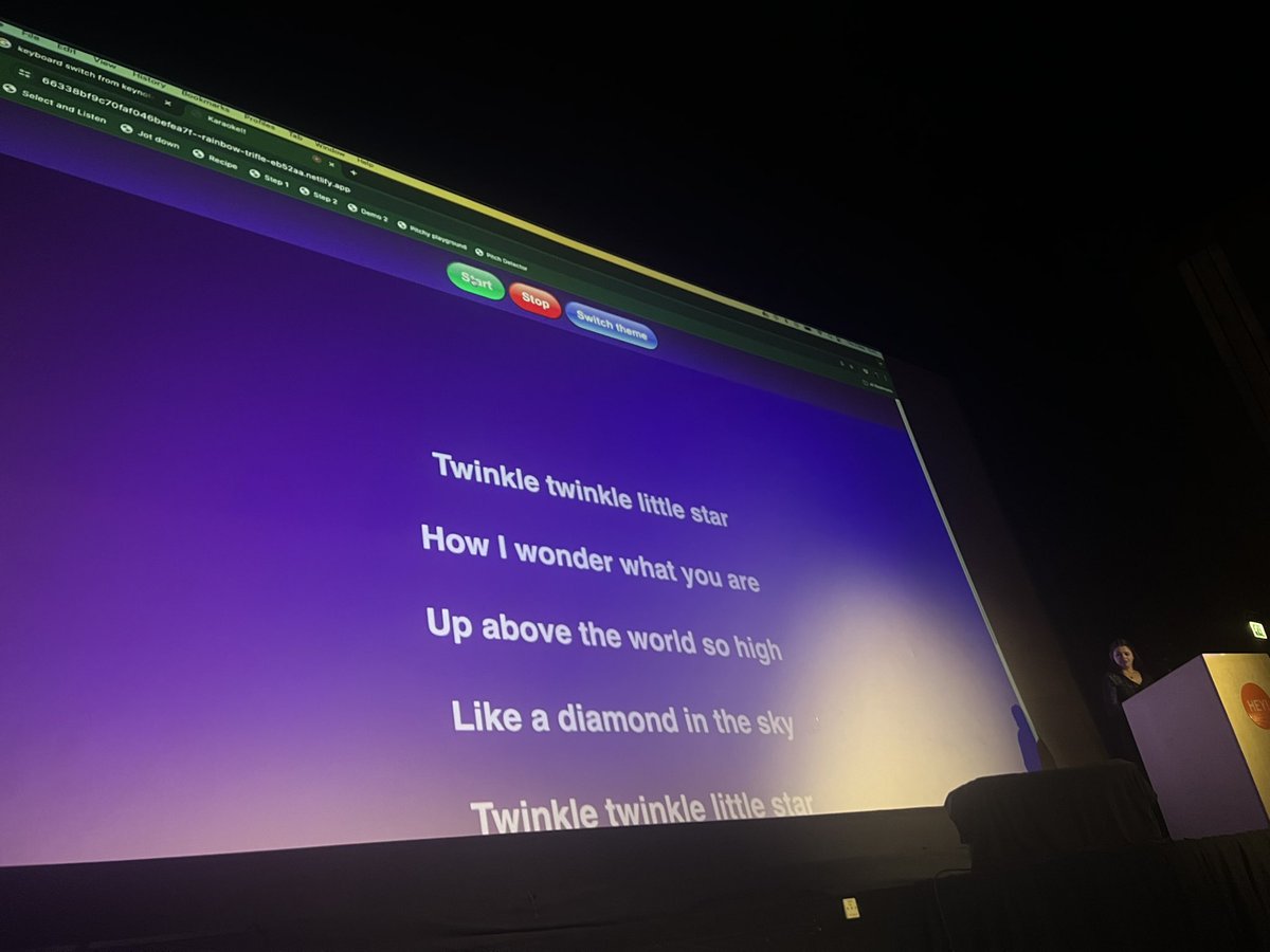 Throughly enjoying @anarodrigues@front-end.social’s wonderful talk exploring the web speech API at #AllDayHey where she made (and demonstrated) an in-browser karaoke machine.