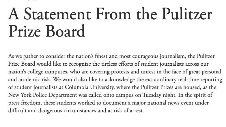 JakeSheridan_'s tweet photo. The Pulitzers — American journalism's most coveted prize — are announced next week. 

But before the big day, the Columbia-housed Pulitzer board is putting its spotlight on the student journalists who covered nationwide protests "in the face of great personal and academic risk." https://t.co/yv2E275NaZ