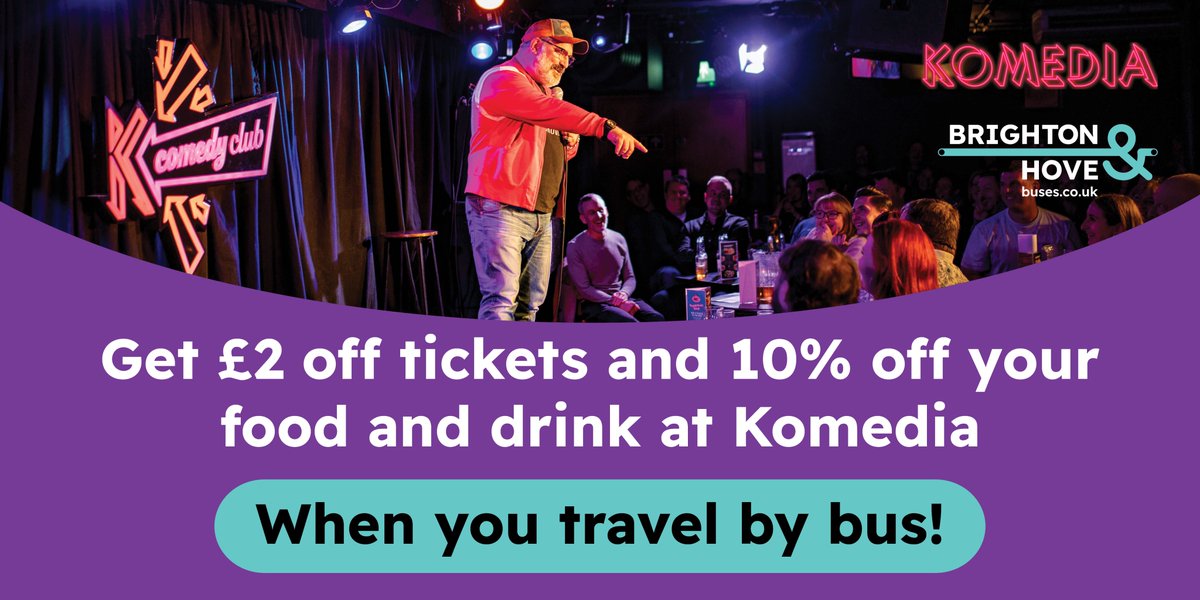 Love live comedy? We have an AMAZING new offer for you... 👀 Get £2 off tickets AND 10% food and drink at @KomediaBrighton when you get there by bus! Sounds like your weekend’s sorted 😉 Find out more here: buses.co.uk/discounts-kome…