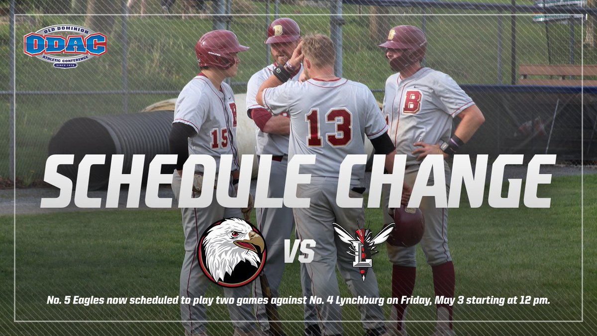 🚨 SCHEDULE CHANGE 🚨 @BwaterBaseball adjusts first round ODAC Tournament schedule with Lynchburg. The Eagles will play two games tomorrow starting at 12 pm. #BleedCrimson #GoForGold 🔗 tinyurl.com/ytnwyc8w