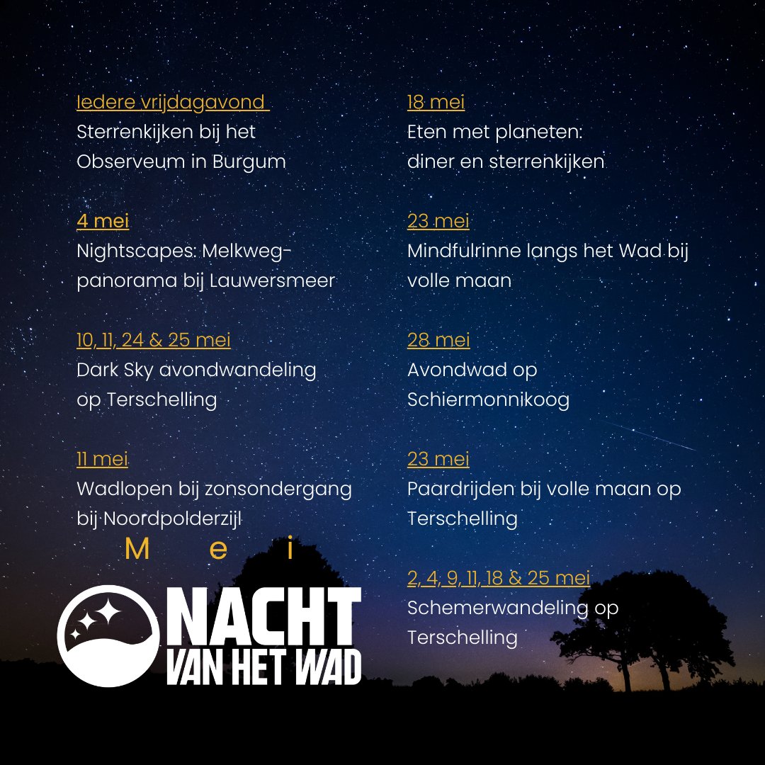Een nieuwe maand vol met nachtactiviteiten! Het wordt dan wel steeds later licht, maar dat geeft je extra veel tijd om te genieten van de schemering en alles wat daar in leeft en groeit 🍃🦔

Bekijk de activiteiten in ons overzicht: nachtvanhetwad.nl/activiteiten