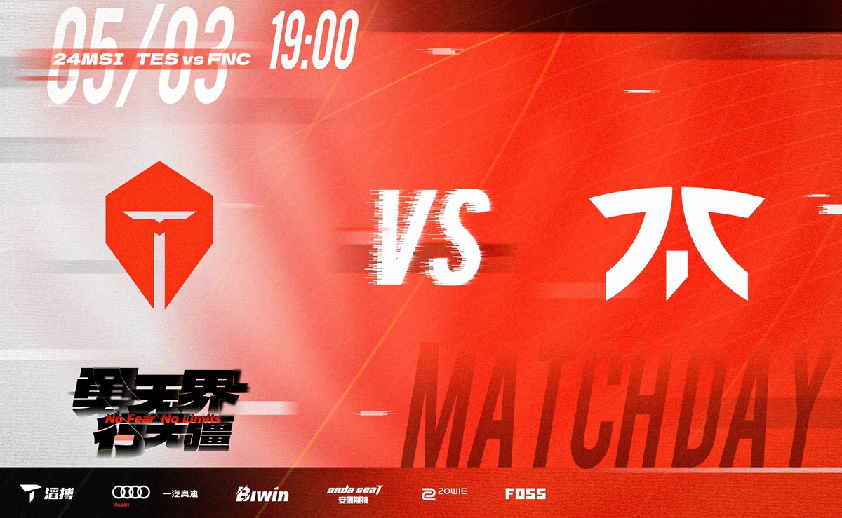 #MSI2024

TES vs FNC
2024/5/3 19:00 CST 
BO3

Starting lineup: 369、Tian、Creme、JackeyLove、Meiko
#TESfighting #ToTheTop