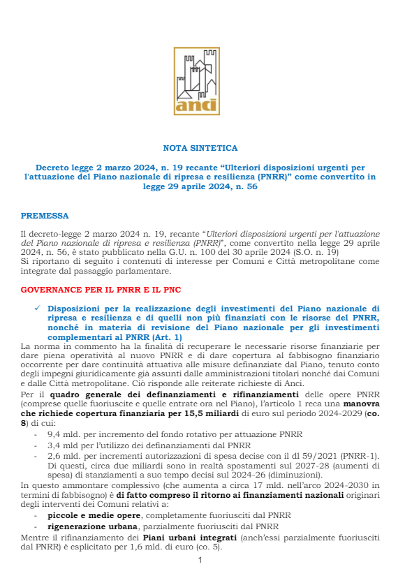 🇪🇺 #Pnrr quater. Online la nota sintetica @comuni_anci sulla legge 29 aprile 2024, n. 56 di conversione del decreto-legge 2 marzo 2024 n. 19 “Ulteriori disposizioni urgenti per l’attuazione del Piano nazionale di ripresa e resilienza (Pnrr)” 📝anciliguria.it/newsbox/decret…