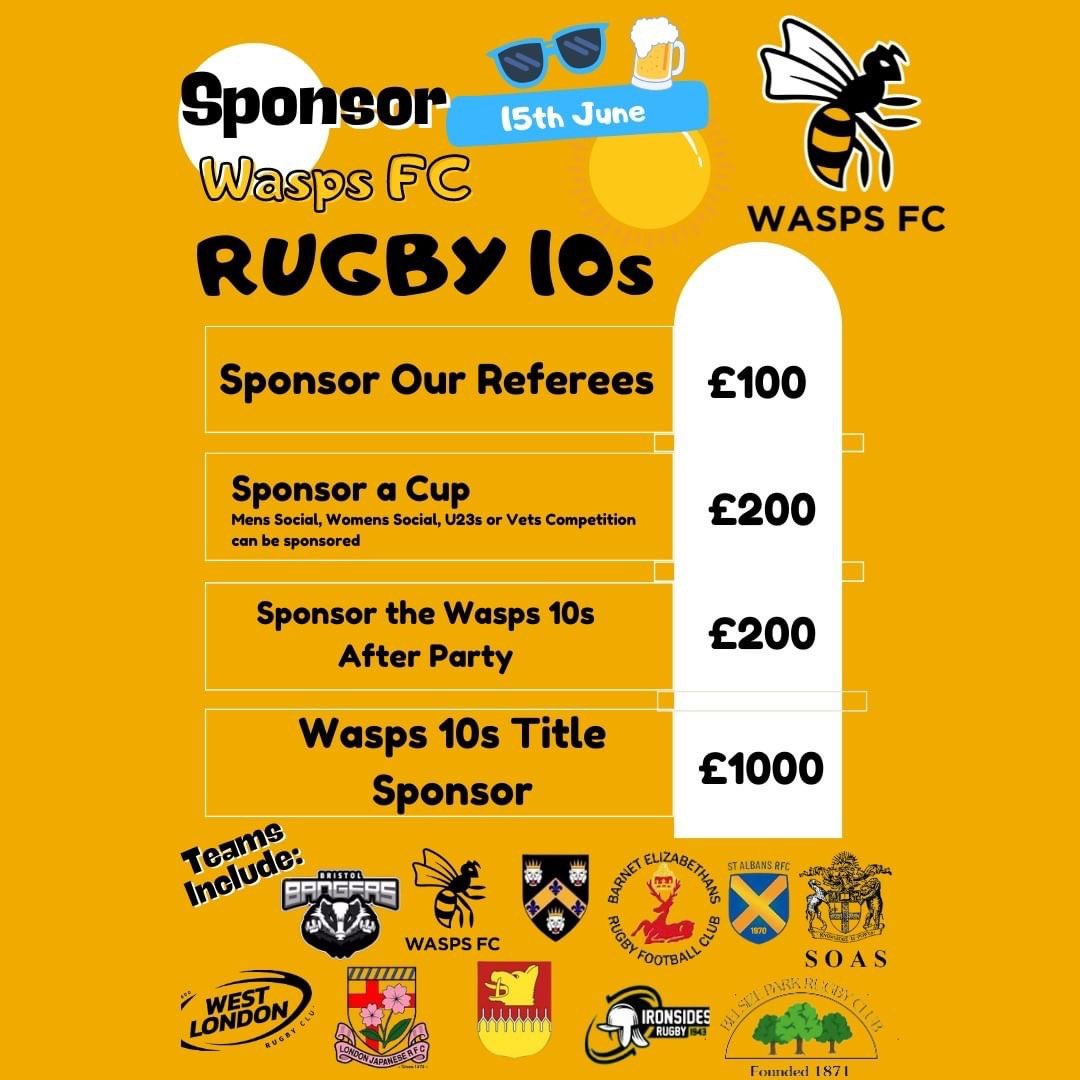 𝐒𝐩𝐨𝐧𝐬𝐨𝐫𝐬𝐡𝐢𝐩 𝐎𝐩𝐩𝐨𝐫𝐭𝐮𝐧𝐢𝐭𝐢𝐞𝐬 𝐀𝐯𝐚𝐢𝐥𝐚𝐛𝐥𝐞 Want to be apart of the inaugural Wasps 10s tournament? Wasps FC are hosting a brand-new Rugby 10s festival on June 15th. Please drop office@waspsfc.co.uk if you are interested #Rugby #London #OnceAWasp 🐝
