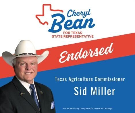 Thank you to Sid Miller for his endorsement of my campaign. Yesterday, Sid Miller walked blocks with my team in Riglea and spoke at the 'Texas Border Event.' Support from Sid Miller keeps my energy high and my resolve focused. Vote for Cheryl Bean, runoff elections, District 97.