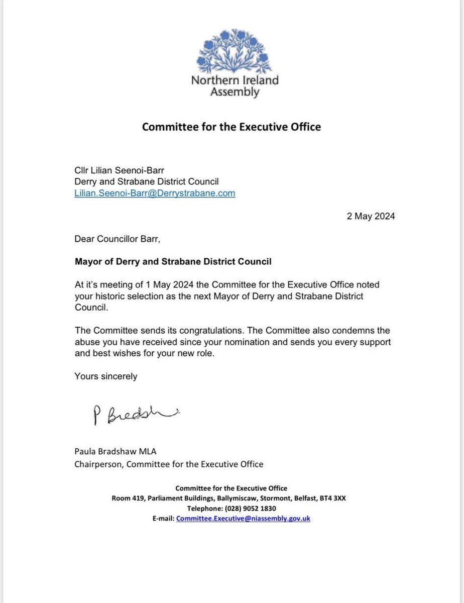 Our CEO @Lseenoi received this letter from the Committee for the @ExecOfficeNI today, offering her congratulations and support. Thank you for the show of solidarity @PaulaJaneB, no doubt we'll be in touch in the not too distant future!