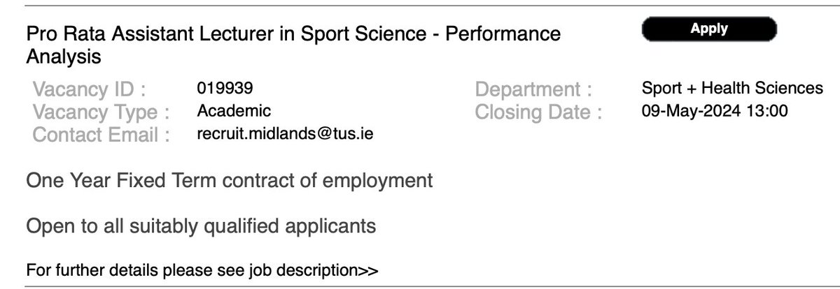 We are recruiting for an 8 hour lecturing role in Sports Science at @DSH_TUS....full details are available at shorturl.at/oELY4.