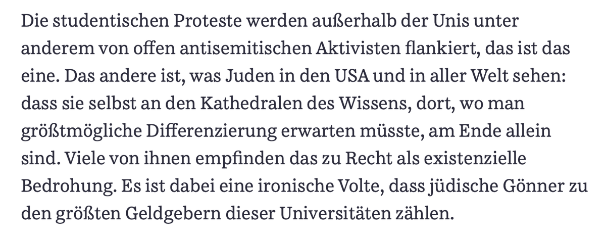 Woher nehmen deutsche Journalisten die Arroganz, die protestierenden Studierenden - einschließlich der zahlreichen jüdischen - seien zu dumm zu verstehen, worum es ihnen geht? Sind auch die vielen sie unterstützenden Professoren zu dumm? @ChZaschke npr.org/2024/05/01/124…