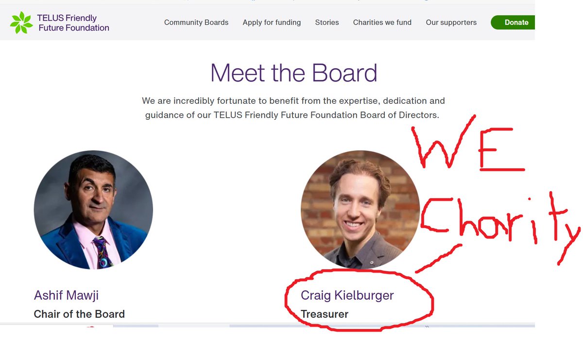 TELUS Friendly Future Foundation Board of Directors - this is a charity.

Remember WE Charity with the Kielburger brothers and Trudeau Liberals, the Telus Charity has one brother as Treasurer of @FriendlyFuture  
🤡🌎