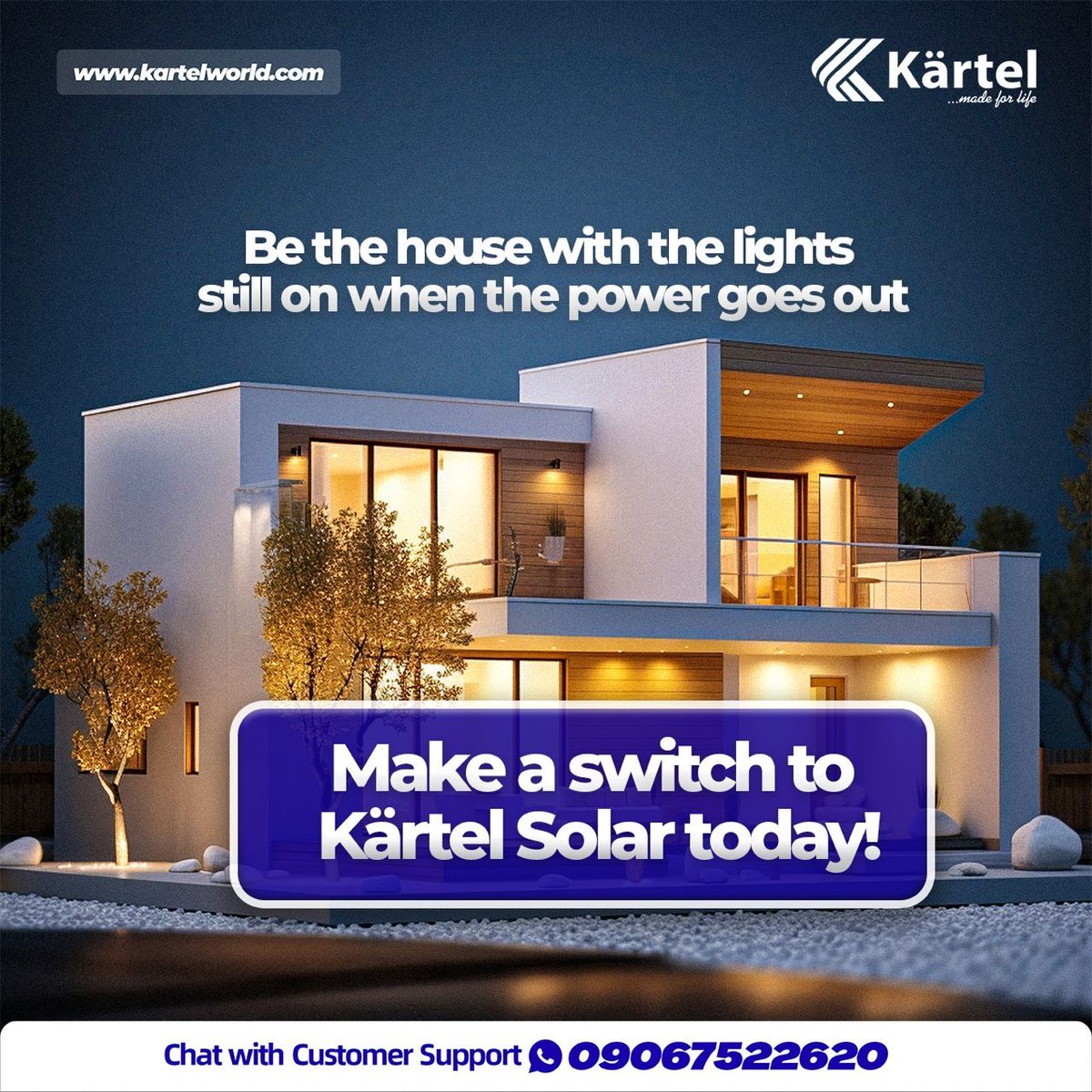 Don’t be left in the dark when the power goes out! 💡 Be the beacon of light in your neighborhood with Kärtel Solar! 

Make the smart switch to Kärtel Solar and keep your lights shining bright even during blackouts.

#KartelSolar #SustainableEnergy #BrightIdeas