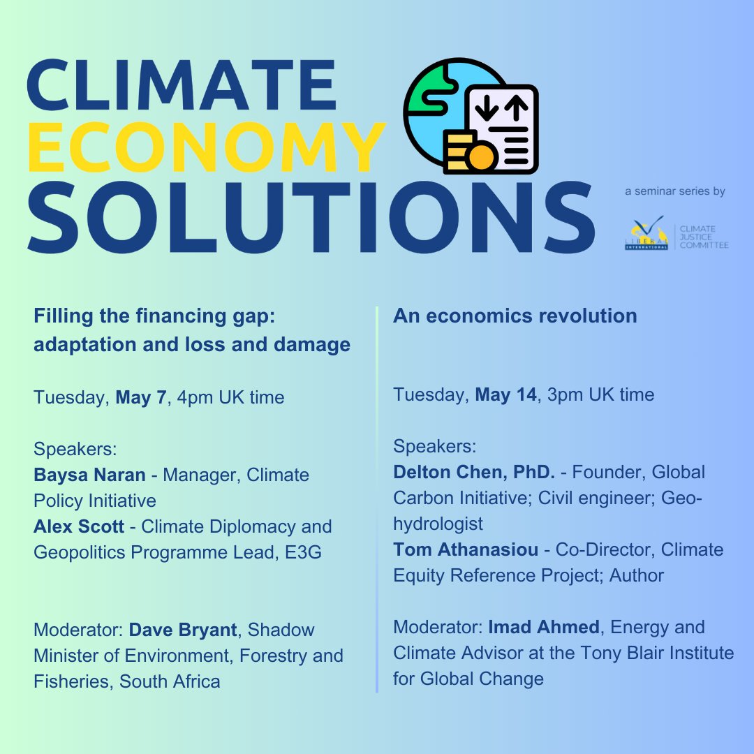 Join our seminar series as we dive into economics and climate justice! The LI Climate Justice Committee is hosting expert discussions to craft impactful policies for global sustainability. Be part of the conversation! liberal-international.org/climate_econom…