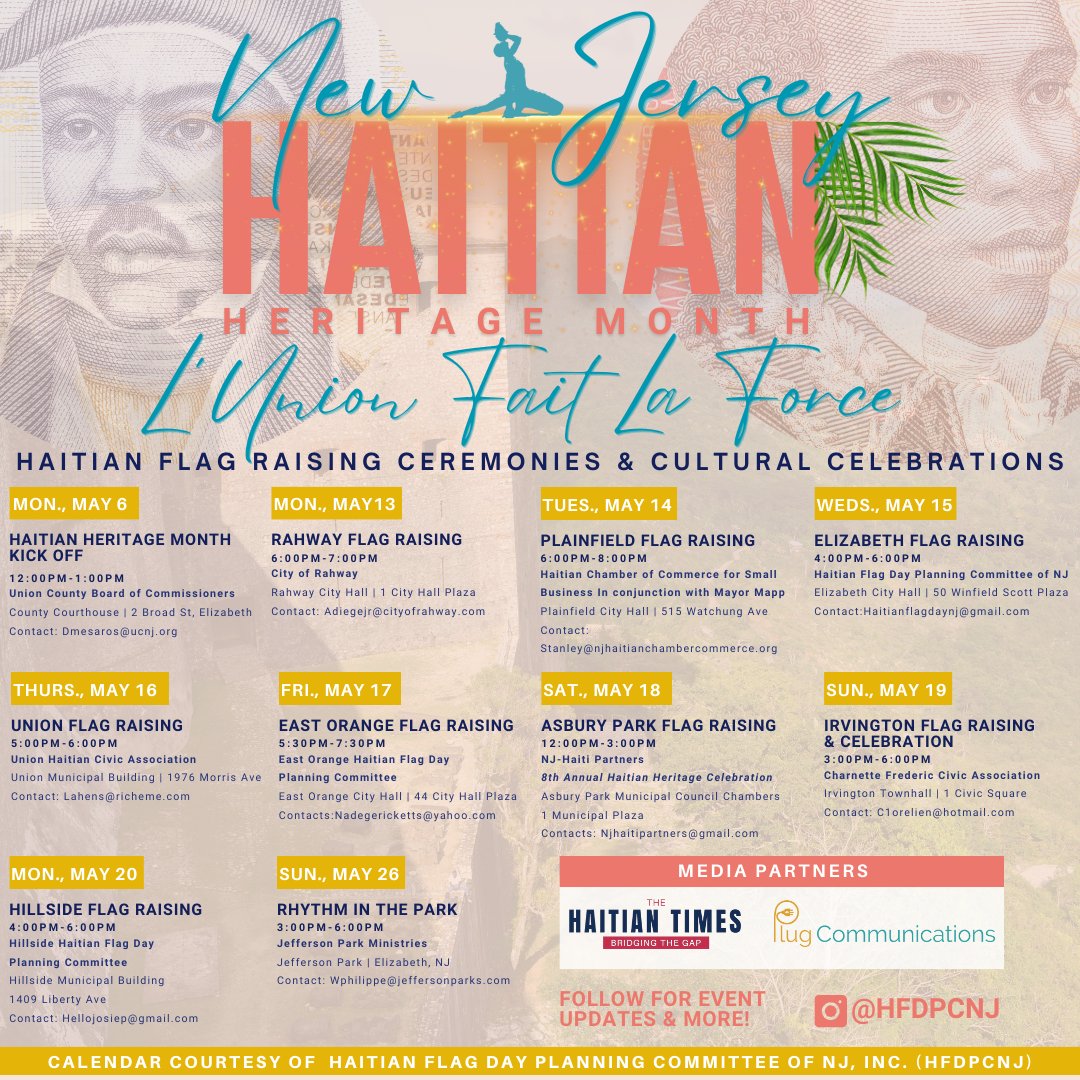 Hey, New Jersey! Are you looking for something to do during Haitian Heritage Month? Here is a calendar of Haitian flag-raising ceremonies and cultural events courtesy of NJ's Haitian Flag Day Planning Committee! 🇭🇹🎉