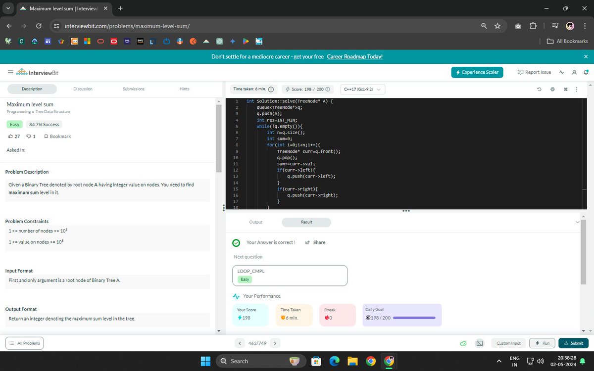 Hello All, I have completed #Day122 of #365DaysofCode Challenge by @scaler_official
Today I solved the question : Maximum level sum
Scaler community link: discord.gg/scaler-by-inte…

#scalerdiscord #codewithscaler #365daysofcodescaler