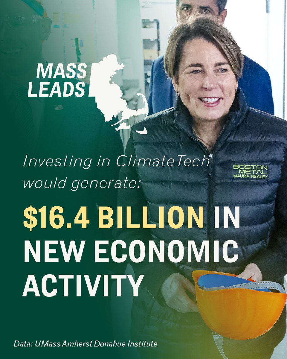 BIG NEWS: A new @UMASSDonahue analysis found that our ten-year, $1.3 billion investment in ClimateTech will lead to a $16.4 billion economic boost for our state.   That’s a return on investment of more than 12 to 1. That’s the potential of the Mass Leads Act.