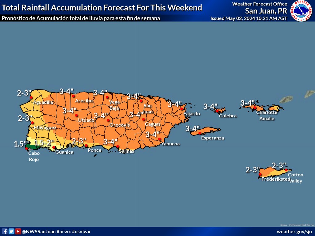 2 de Mayo de 2024 •Vigilancia de inundaciones repentinas para PR y las Islas Vírgenes Estadounidenses desde las 6 AM del viernes a las 6 PM del domingo. •Las acumulaciones de lluvias estarán en los 2 a 4 pulgadas, con cantidades máximas aisladas entre 6 a 8 pulgadas.