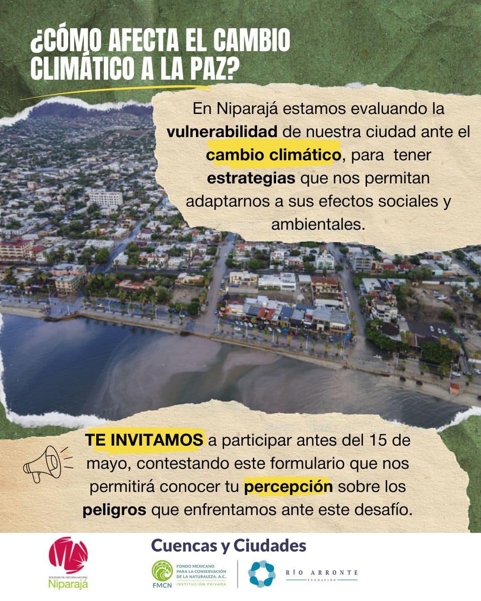 El equipo de @NiparajaAC está estudiando la vulnerabilidad de #LaPaz, #BCS, ante el cambio climático y necesita de la ayuda de sus habitantes. 

La encuesta la encuentran aquí y estará disponible hasta el 15 de mayo: forms.gle/v8eS7SxRbqyHrH…

#CambioClimatico #LaPazBCS