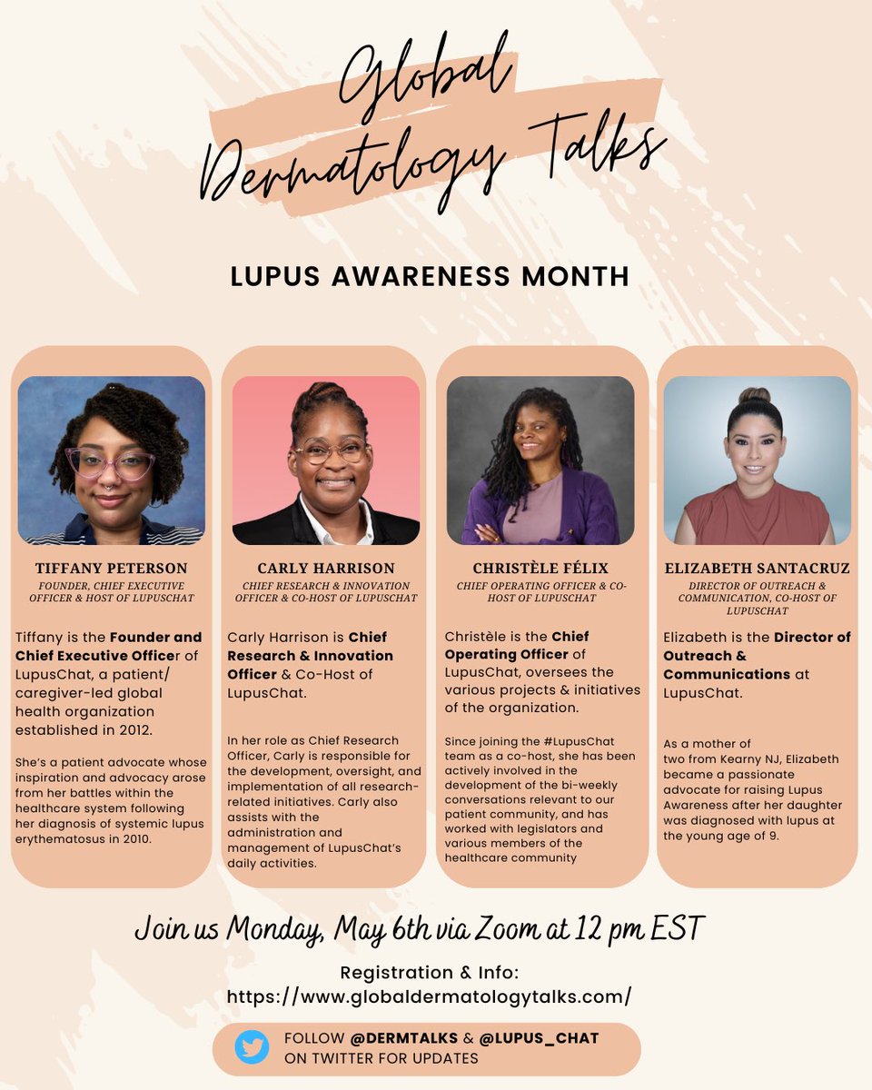 May is Lupus awareness month & on Monday May 6th we’re in for a treat! @TheresaLuLab of @WCM_IMP will be joining us to discuss photosensitivity & lymphatic drainage in Lupus. We’ve ALSO invited members of the @Lupus_Chat to join in🤩 Register here: ⬇️⬇️ zoom.us/WEBINAR/REGIST…