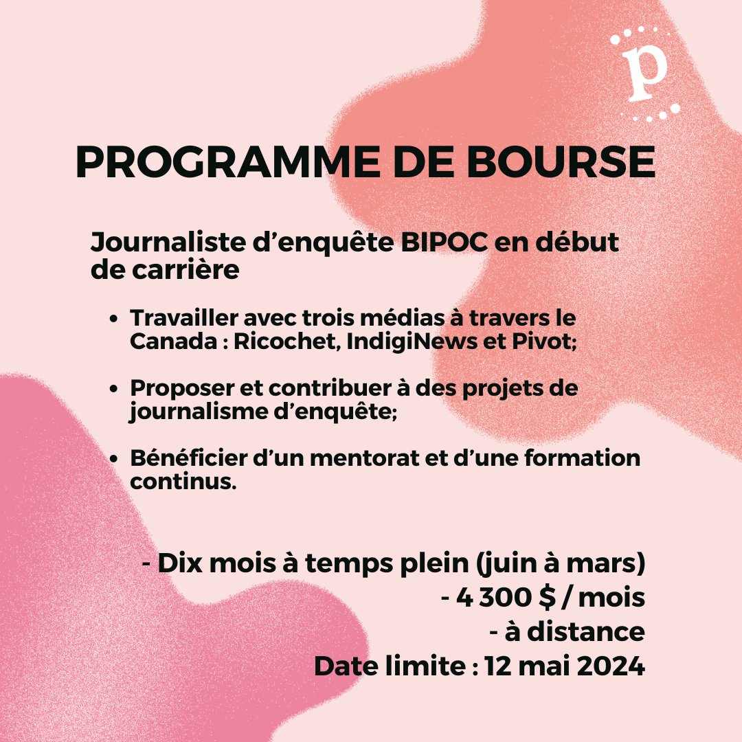 PROGRAMME DE BOURSE | Nous sommes à la recherche d’un·e journaliste BIPOC en début de carrière pour un programme de bourse en journalisme d’enquête, en collaboration avec @ricochet_en, @IndigiNewsMedia et @jhrnews. 👉 Pour plus d'infos : pivot.quebec/wp-content/upl…