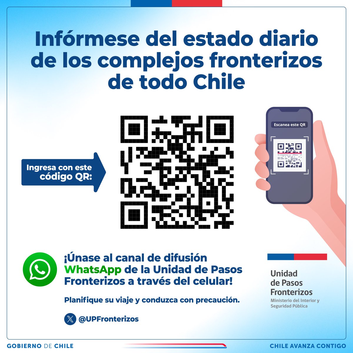 📢 ¡Atención viajeros/as! 🚘🚍 Mantente al día con las novedades sobre los pasos fronterizos de Chile. Únete a nuestro canal de WhatsApp para información sobre horarios de funcionamiento y más. 📲 Ingresa aquí👉 acortar.link/PJN2in ¡Viaja informado y seguro! #UPFinforma