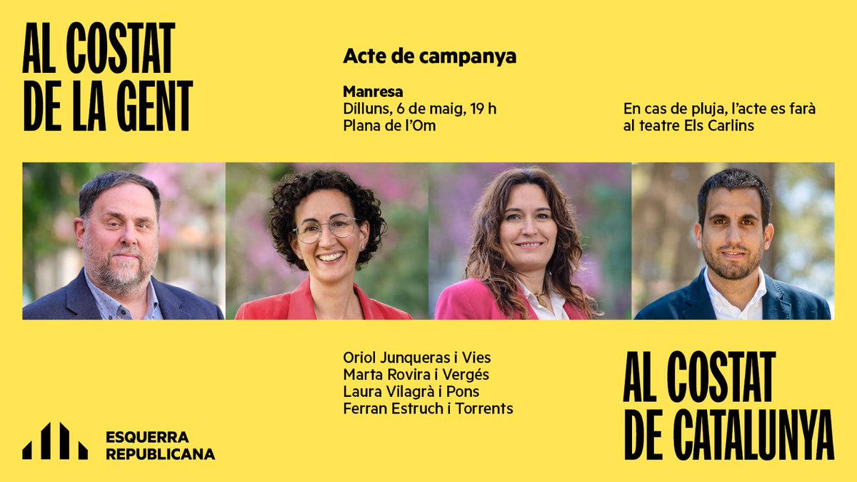 🟡 #GuanyaCatalunya

📣 𝗔𝗰𝘁𝗲 𝗰𝗲𝗻𝘁𝗿𝗮𝗹 𝗱𝗲 𝗰𝗮𝗺𝗽𝗮𝗻𝘆𝗮 𝗮 𝗹𝗮 #CatalunyaCentral

📍 #Manresa, Plana de l'Om
📆 Dilluns, 6 de maig, a les 7 de la tarda

👥 Amb @junqueras, @martarovira, @LauraVilagra i @ferranestruch 

😄 Us hi esperem!