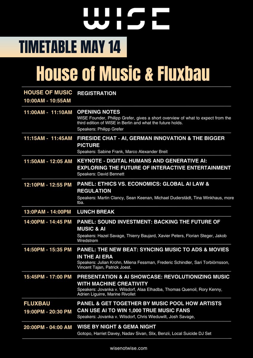 Announcing the program for Day 1 of WISE 2024 - Me, Myself &amp; AI in Berlin, taking place on May 14th. Get ready to engage with industry leaders and innovators.

📍WISE BY DAY at House of Music (May 14)
🪩WISE BY NIGHT at Fluxbau (May 14)
🎟️ wisenotwise.com

#WISE2024