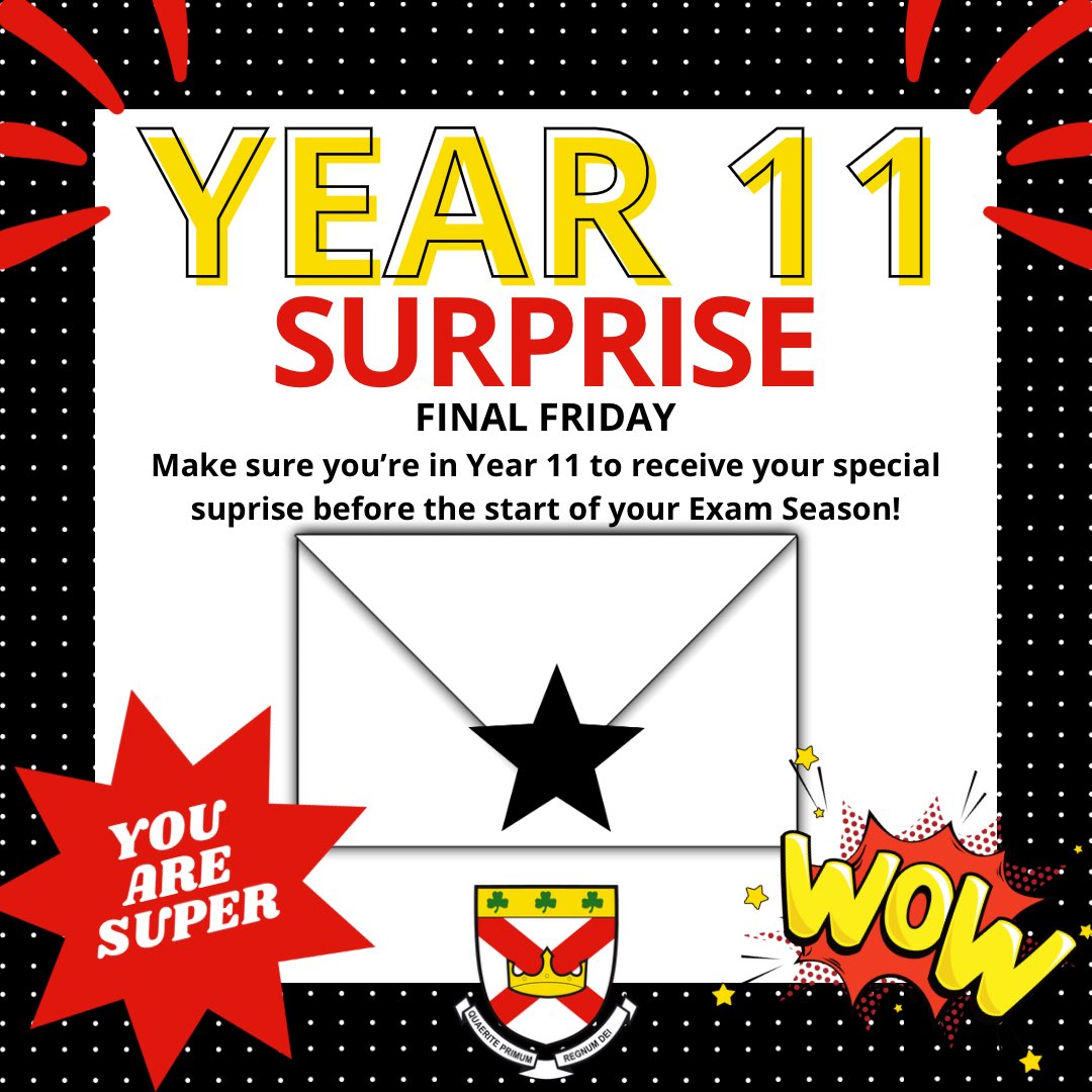 💥🖤✨YEAR 11 SURPRISE✨🖤💥

We have something super special in store for our Year 11 pupils TOMORROW! We cannot wait to come together to celebrate each of you before Tuesday soon approaches! Make sure you’re in to receive the surprise.

#stpatsfam #npcat #year11 #gcseexams
