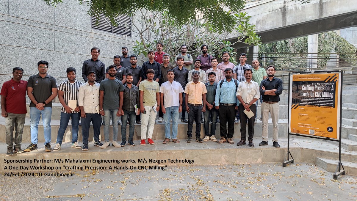 iitgn's tweet photo. The Machine Shop at IITGN successfully conducted a one-day workshop on ‘Crafting Precision: A Hands-On CNC Milling Workshop’ recently. More than 25 participants gained valuable insights during the workshop’s theoretical and practical sessions.
#CNCMilling #WorkshopsAtIITGN https://t.co/Tb7kJsWxqW