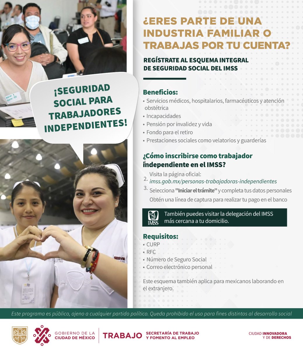 ✅Si eres parte de una industria familiar, profesional independiente, comerciante en pequeño, artesano o trabajador por cuenta propia, regístrate al esquema integral de seguridad social del @Tu_IMSS.
👉🏽Conoce los beneficios e inscríbete: imss.gob.mx/personas-traba…
#TrabajoEnLaCiudad