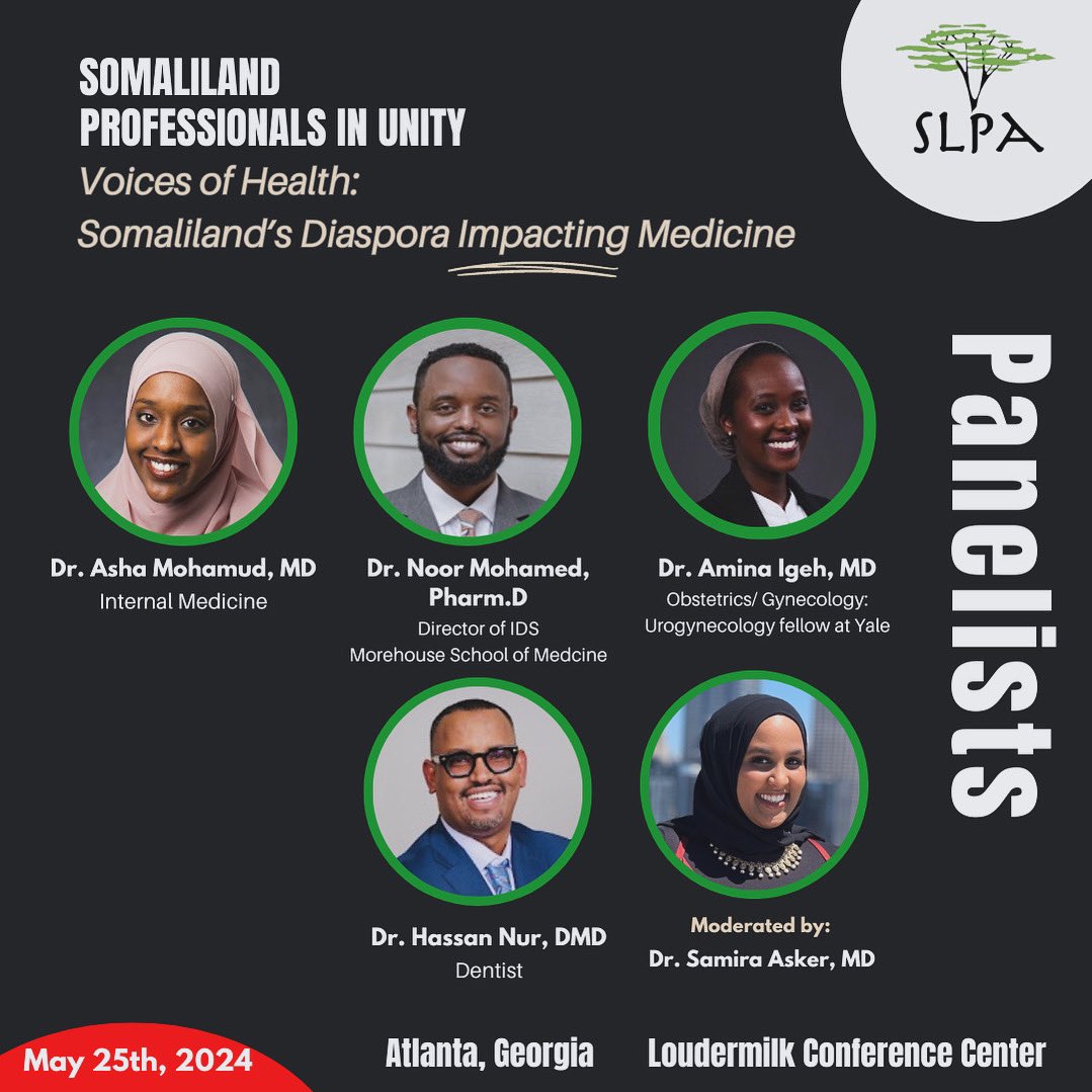 🌟🩺 “Calling all health heroes! Gear up for our ‘Voices of Health: Somaliland’s Diaspora Impacting Medicine’ panel, featuring a lineup of medical mavens who are redefining healthcare. 🚀 Led by Dr. Samira Asker, MD, dive into discussions with Dr. Hassan Nur, DMD, Dr. Asha