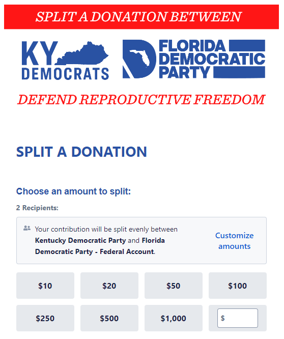 INBOX: The Kentucky Democratic Party is doing a split fundraising drive with Florida Democrats to 'to stop Republican extremists from banning abortion with no real exceptions.' The KDP cites defeating Amendment 2 in 2022 as evidence that Kentuckians 'know what it takes to win.'