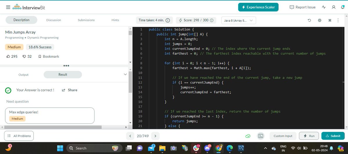 Greetings to the coders! Celebrating #Day122  of the #365DaysofCode Challenge with
@scaler_official

Today's accomplishment: Min Jumps Array
Join the Scaler Discord community now! scaler.com/discord #scalerdiscord #codewithscaler #365daysofcodescaler