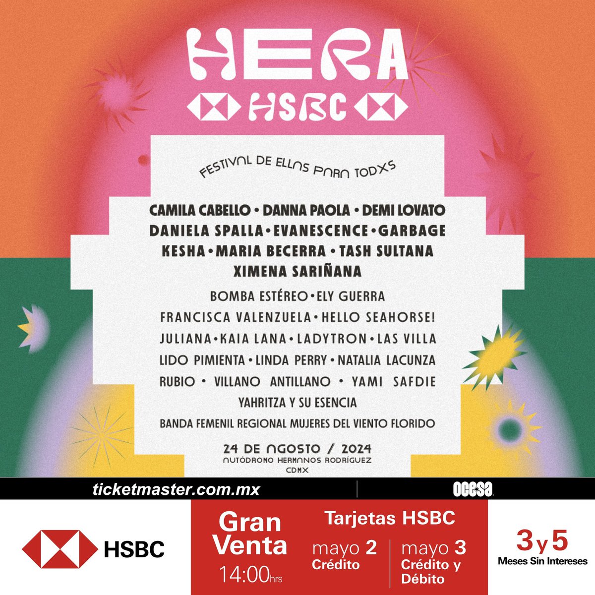 ¡Nace un nuevo festival en la Ciudad de México únicamente por mujeres, HERA HSBC un festival #DeEllasParaTodxs!

¿Les agrada esta nueva propuesta?

📌 Autódromo Hermanos Rodríguez
🗓️ Sábado 24 de agosto 2024
🎟️ #GranVentaHSBC: 2 y 3 de Mayo