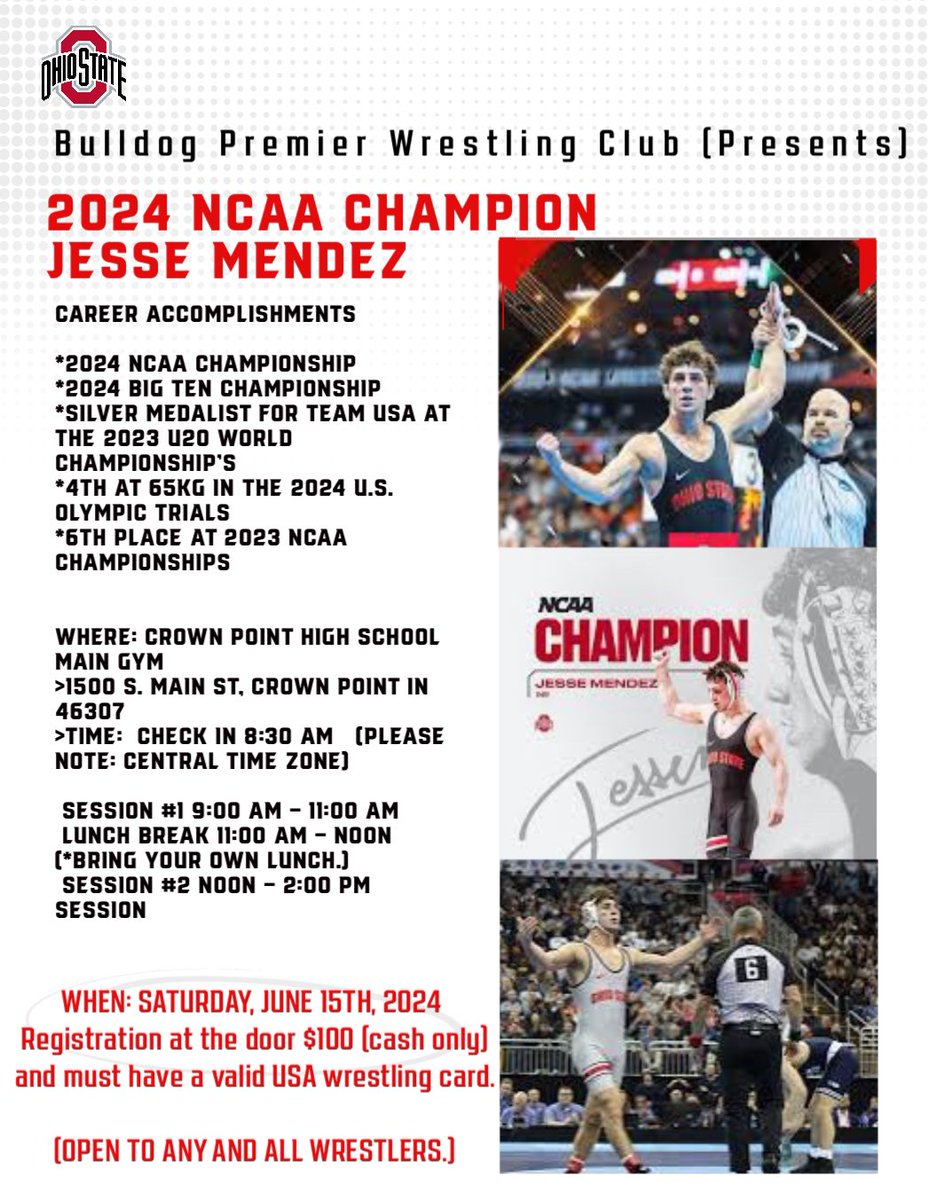 Indiana, Ohio, Illinois, and Michigan. Don’t miss your chance to meet and more importantly learn from 2024 NCAA Champion Jesse Mendez! @IndianaMat , @iswausaw, @IHSWCA1