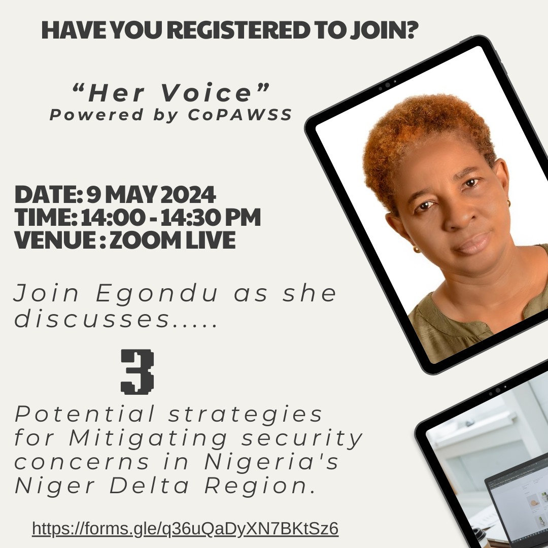 Join @egondue as she speaks on 3 potential strategies for mitigating security concerns in the Niger Delta Region The event is on zoom live on 9 May 2024. Time: 14:00 - 14:30 WAT. Participation is free but registration is required. Use this link to register forms.gle/q36uQaDyXN7BKt…