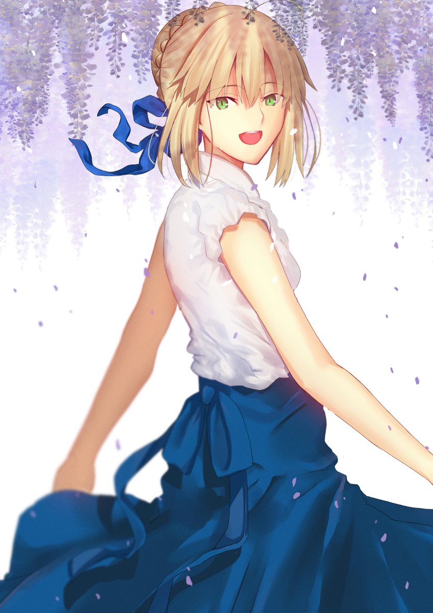 artoria pendragon (fate) ,saber (fate) 1girl solo looking at viewer smile open mouth short hair shirt  illustration images